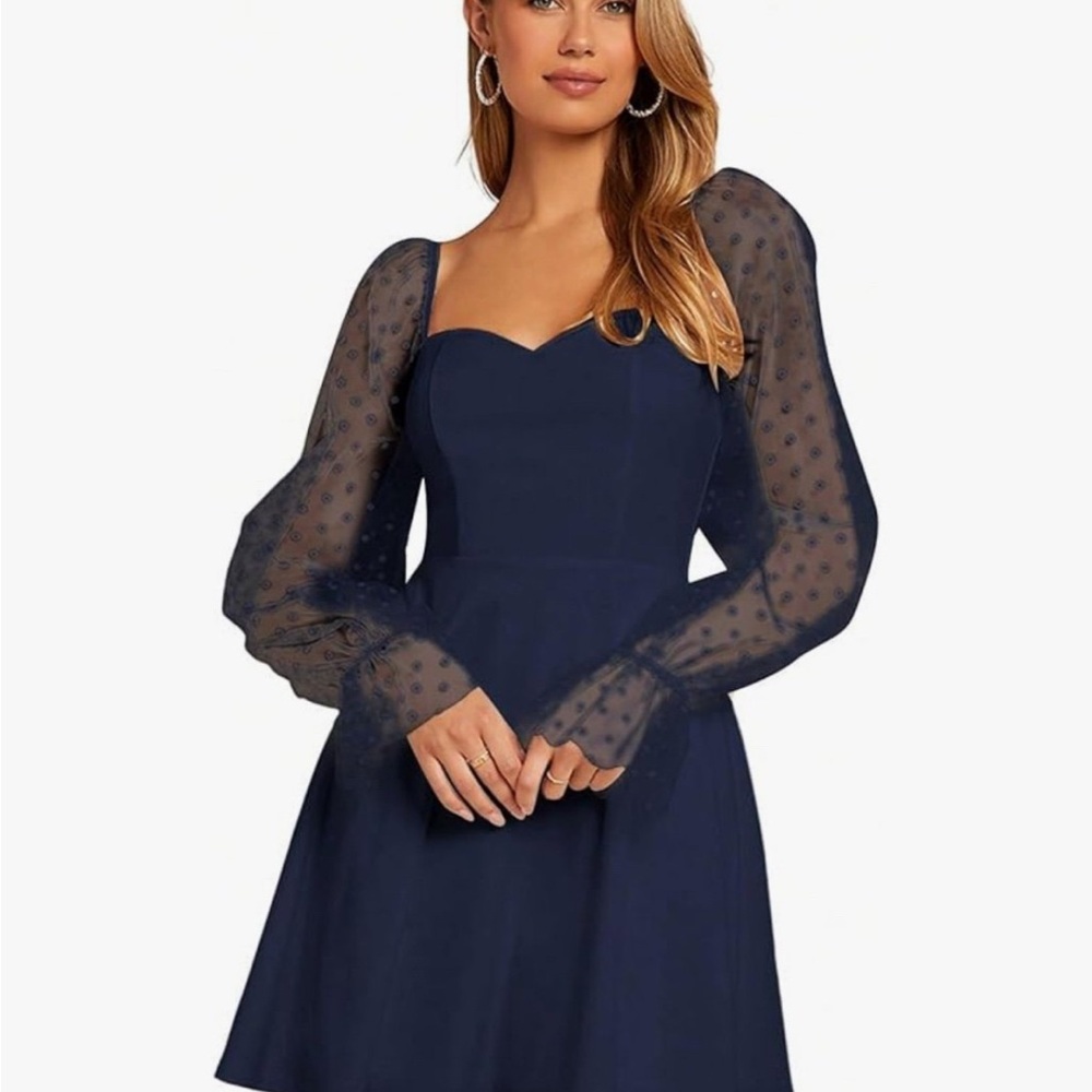 Elegant Navy Blue Dress with Sheer Sleeves